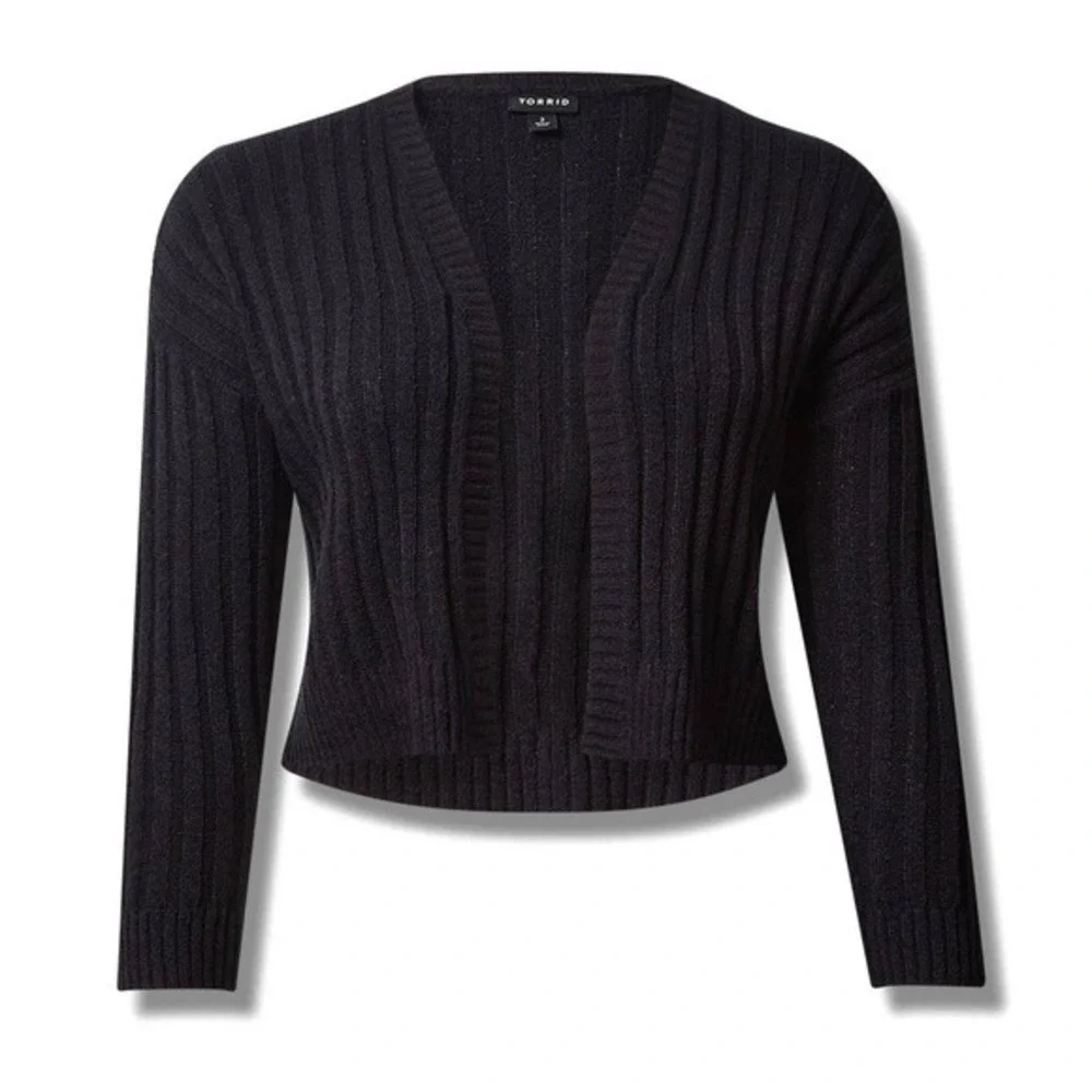 New Torrid 5 (5X 28) Black Cropped Open Front Ribbed‎ Cardigan Shrug Sweater
